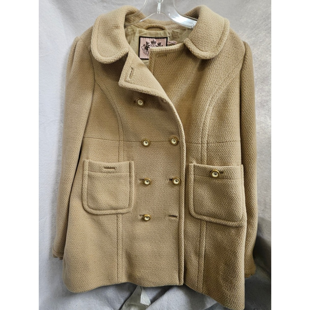 Juicy Couture Camel Wool Angora Blend Double Breasted Pea Coat Tan Gold Button L